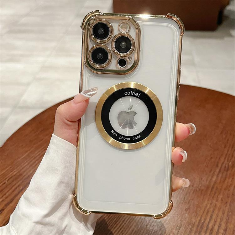 Four Corner Anti-fall Plating Suitable for Apple 16PRO Double-ring Magnetic Suction Mobile Phone Case Iphone12/14 Simple Protective Case