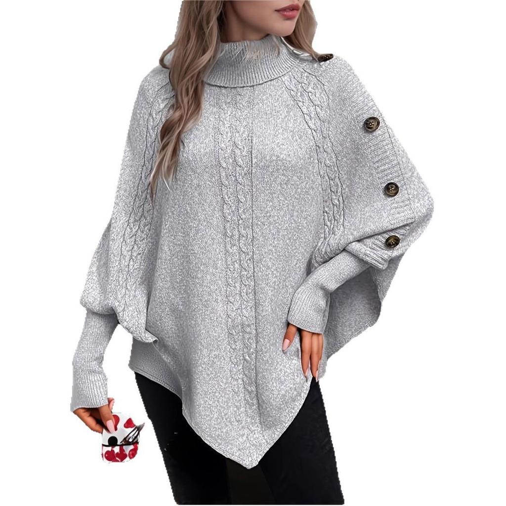 European and American Style Button-Decor Batwing Sleeve High Neck Knit Sweater for Autumn/Winter