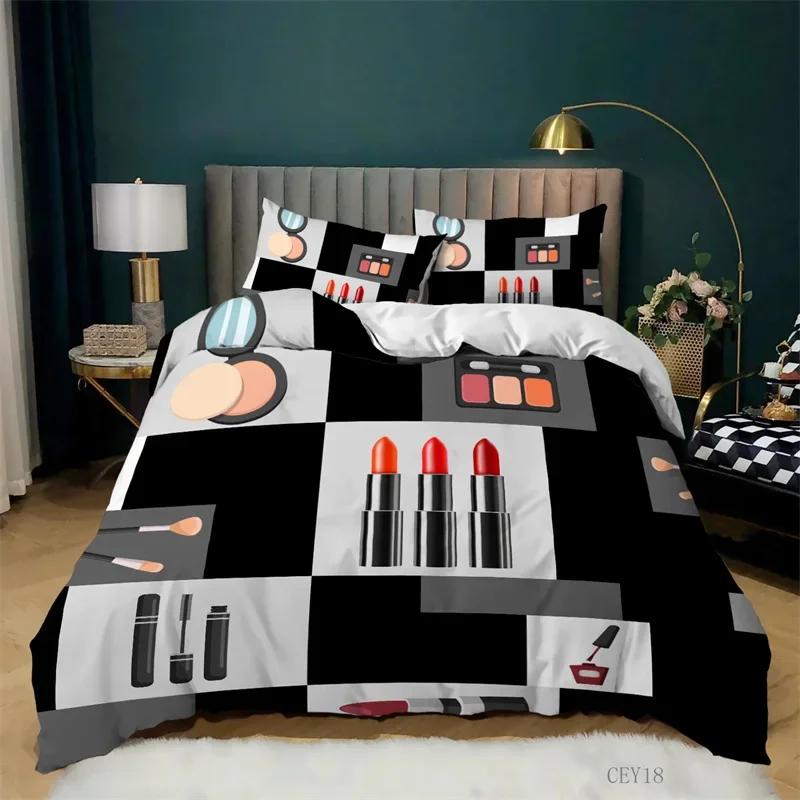 Fashion Bedding Set Makeup Cosmetic Theme Duvet Cover Polyester Perfume Lipstick Nail Polish Brush Print Quilt Cover King Size