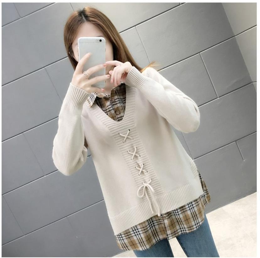 Spring and Autumn Lapel Women's Loose Lazy Style Stitching Fake Two-piece Pullover Sweater Bottoming
