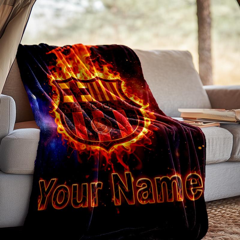 Custom Name Barcelona Football Throw Blanket - Perfect for Couch, Bed, Office, and outdoor Travel - Ideal Gift for Christmas & Holidays
