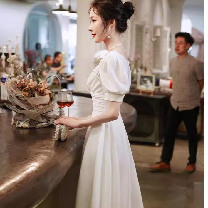 French White License Registration Dress Can Be Worn At Ordinary Times, Summer Thin Bubble Sleeve Square Collar Medium and Long Dress