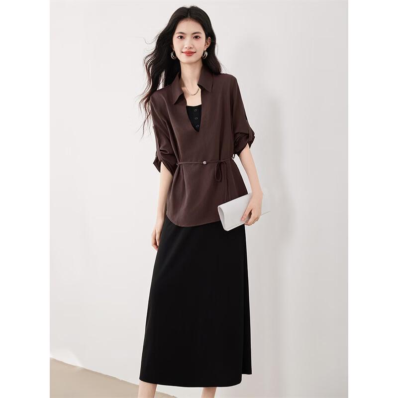Элегантное двухпредметное платье-рубашка кофейного цвета с поясом M