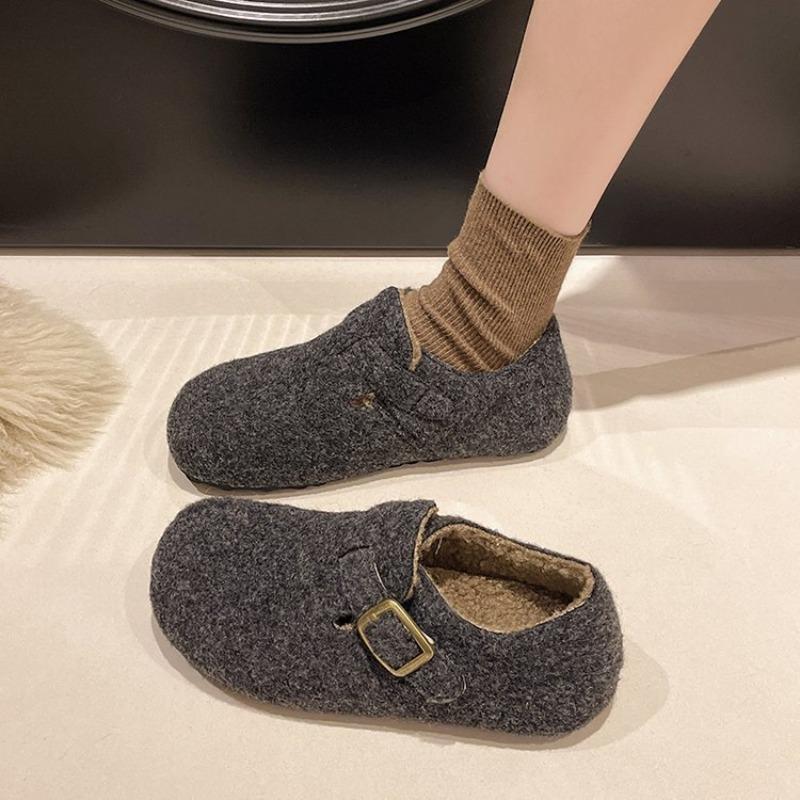 Retro Round Head Felt Fleece Women's Fleece Autumn and Winter Pedal Thermal Cotton Fluff Shoes New Cotton Shoes Women