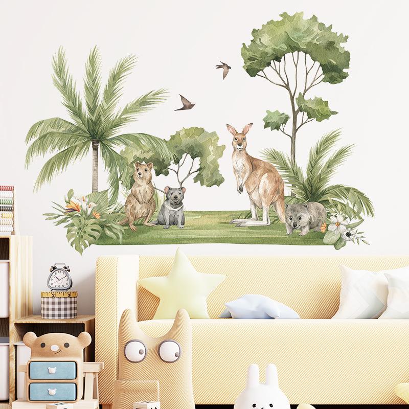 Cartoon Tropical Plants Coconut Tree Kangaroo and Raccoon Wall Sticker Self-Adhesive Removable for Bedroom Entryway Home Decor