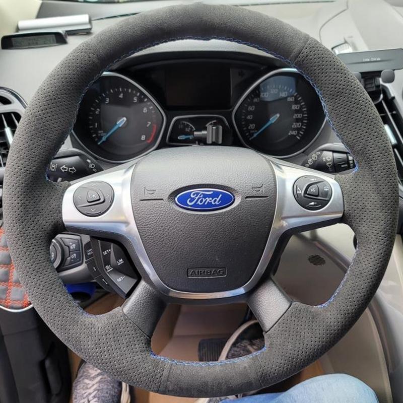 

Для Ford Focus 3 2012 - 2014 KUGA Escape 2013 - 2016 DIY Черная замшевая оплетка на руль автомобиля, сшиваемая вручную Red Thread