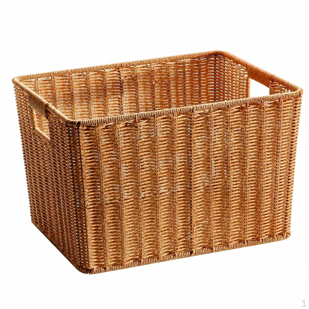 Woven Storage Baskets, Rectangular Wicker Basket with CutOut Handles, Tan Synthetic Rattan for