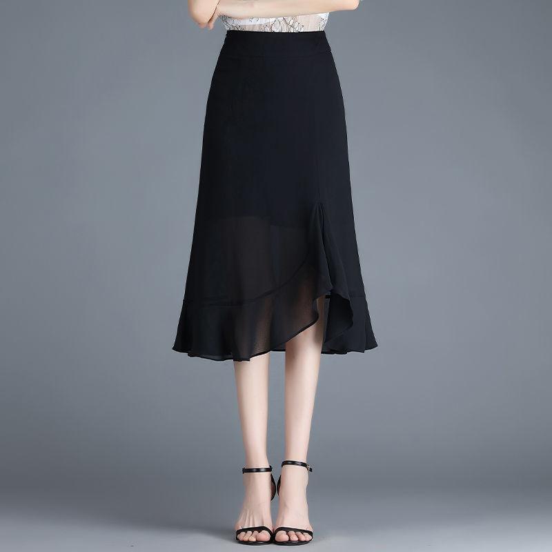 

Юбка-рыбий хвост нестандартной формы, шифоновая юбка миди для женщин летом, высокая талия, свисающая юбка на один шаг для женщин с завернутыми ягодицами 3XL чёрный