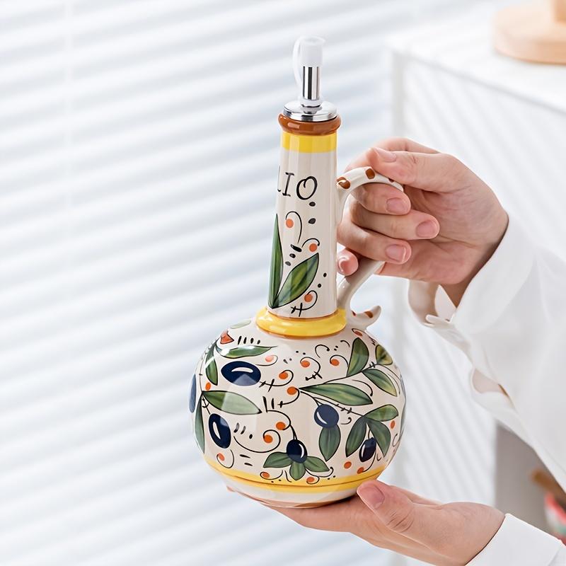 Hand-Painted Ceramic Olive Oil Dispenser with Vibrant Fruit & Leaf Design - Leak-Proof Kitchen Oil Bottle for Olive Oil, Vinegar, Soy Sauce