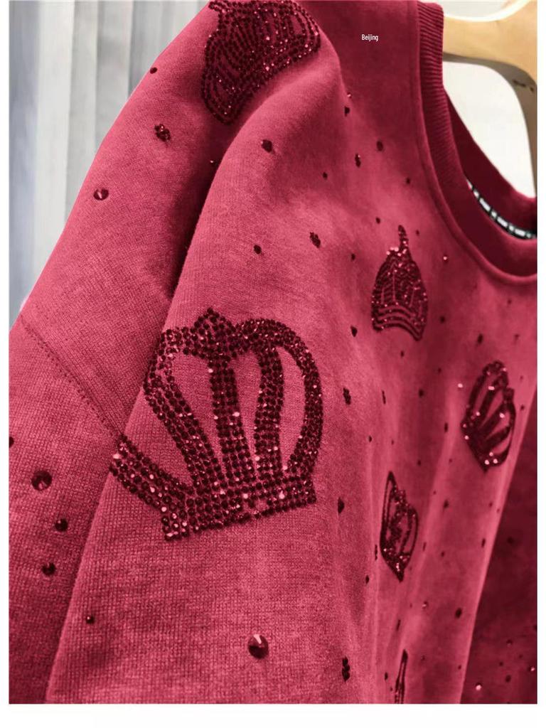 European Crown Hotfix Diamond Sweater - Plus Size, Velvet-Lined, Round Neck, Long Sleeve Luxury Top