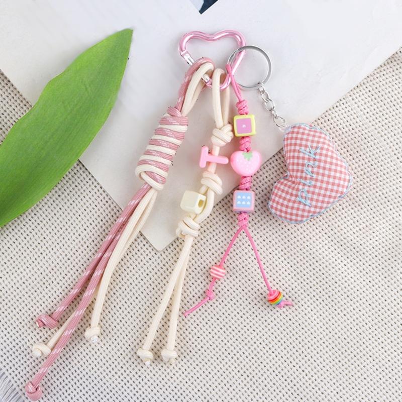 Cute Bag Charm Pendant Keyring Heart Beaded Braided Rope Keychain Bag Charm for Backpack Purse Handbag Decorations