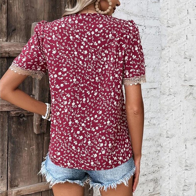 Summer Women's T-shirt Pastoral Fashion Floral Print Lace Collar Short Sleeve Tops