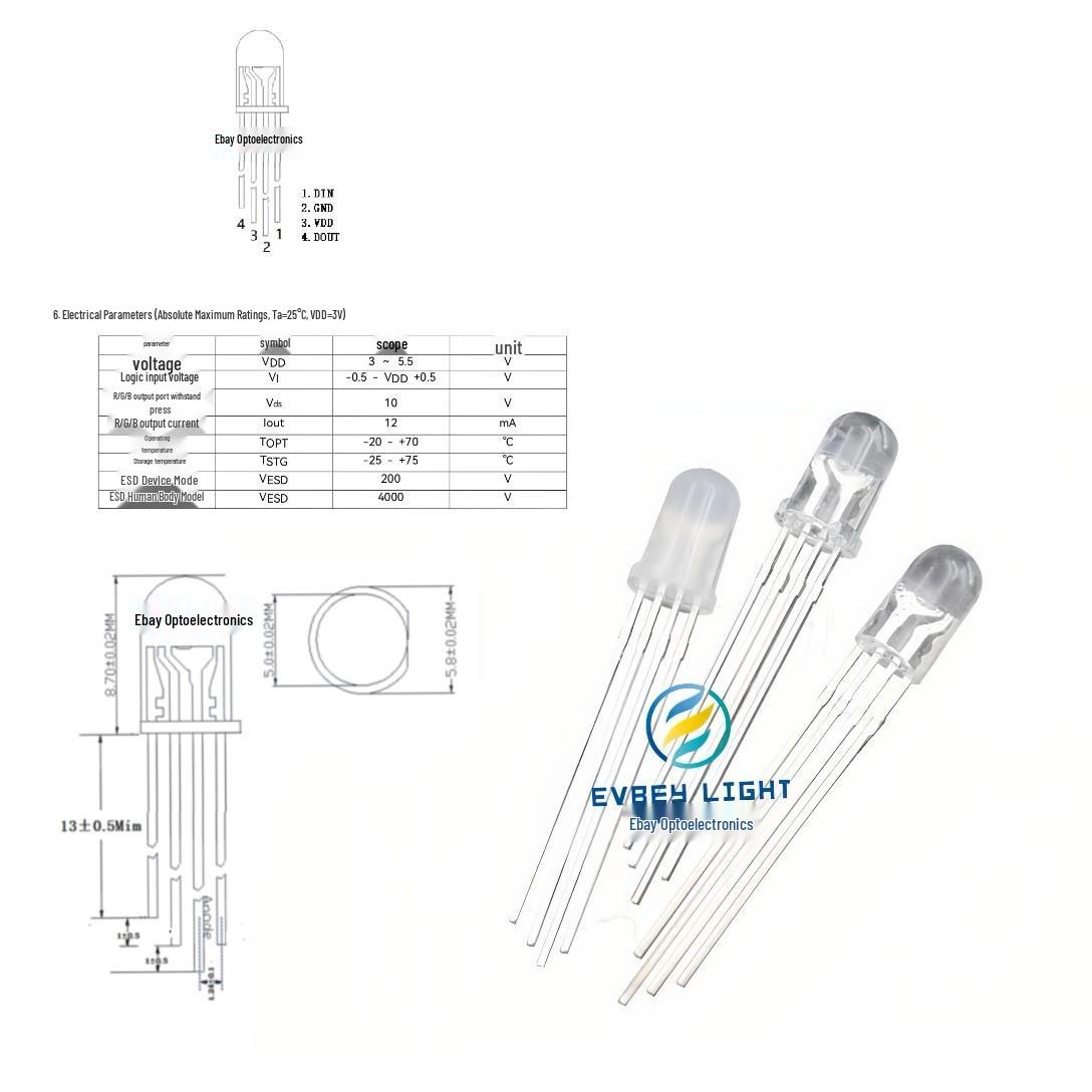 

Круглый RGB светодиод 5 мм WS2812B/SK6812 со встроенным IC, полноцветный программируемый выводной Transparent Single