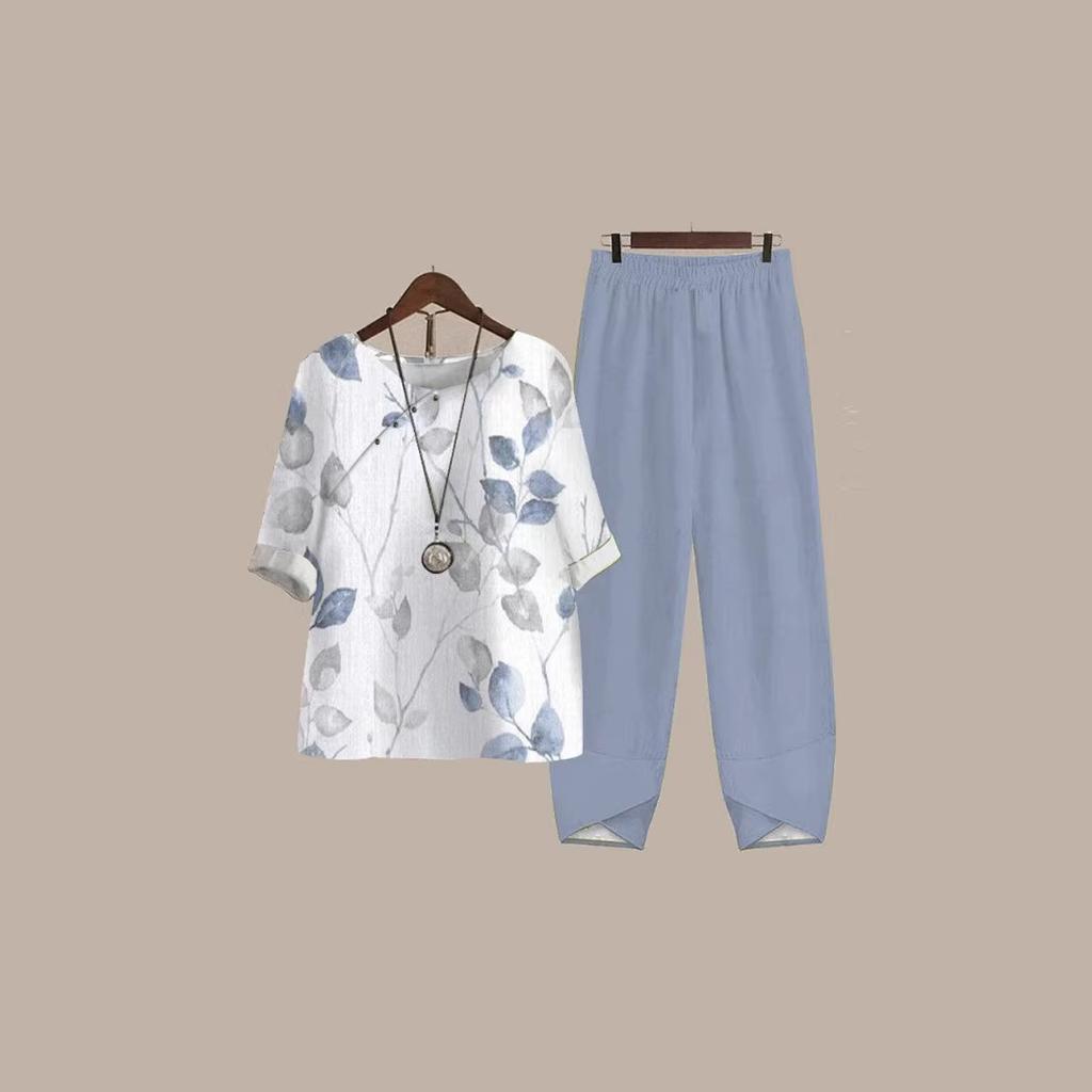 Women's Loose Fit Floral Printed Two Piece Outfit Half Sleeve T-Shirt Elastic Waist Pantsuit