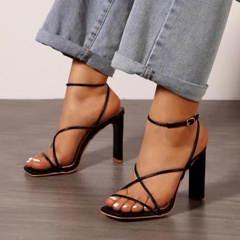 Dámské sandály s otevřenou špičkou, úzkým páskem, přezkou, lodičky, módní, letní, pásek s přezkou, čtvercový vysoký podpatek, dámské boty