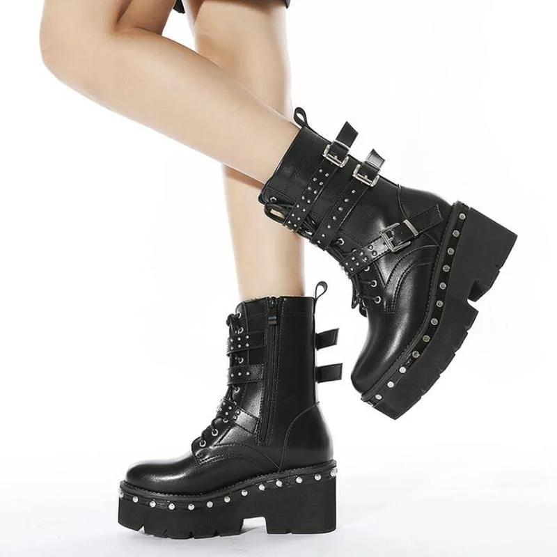 Fashion Sexy Buckle Women's winter high boots Leather Block Heel Gothic Black Punk Style Platform Shoes Female Footwear Women's shoes