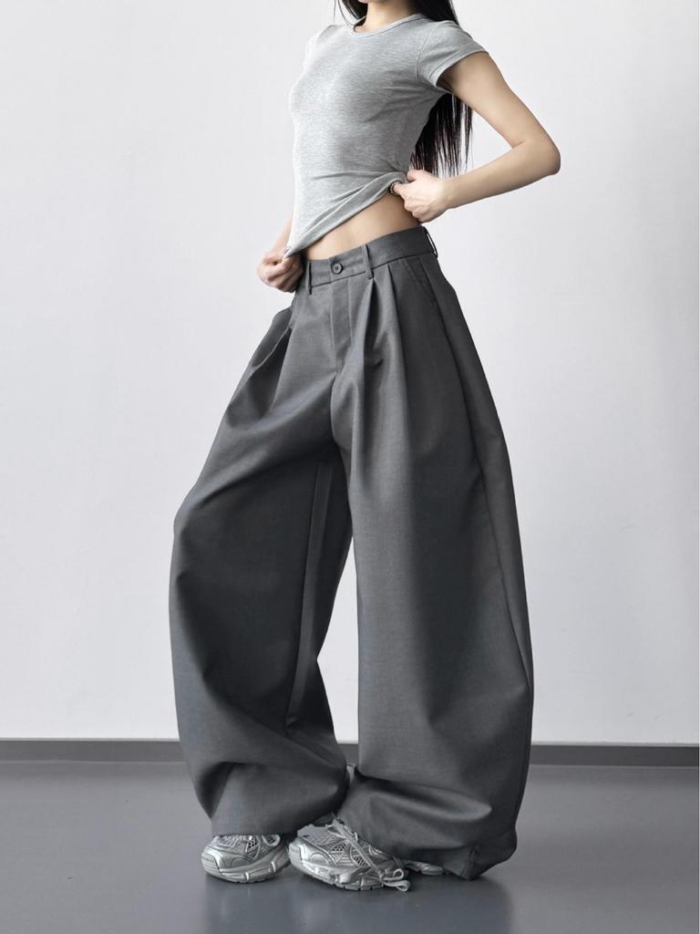 2026 Women's Spring High-Waisted Grey Wide-Leg Suit Pants - Loose, Slimming, Long, Drapey Casual Fit