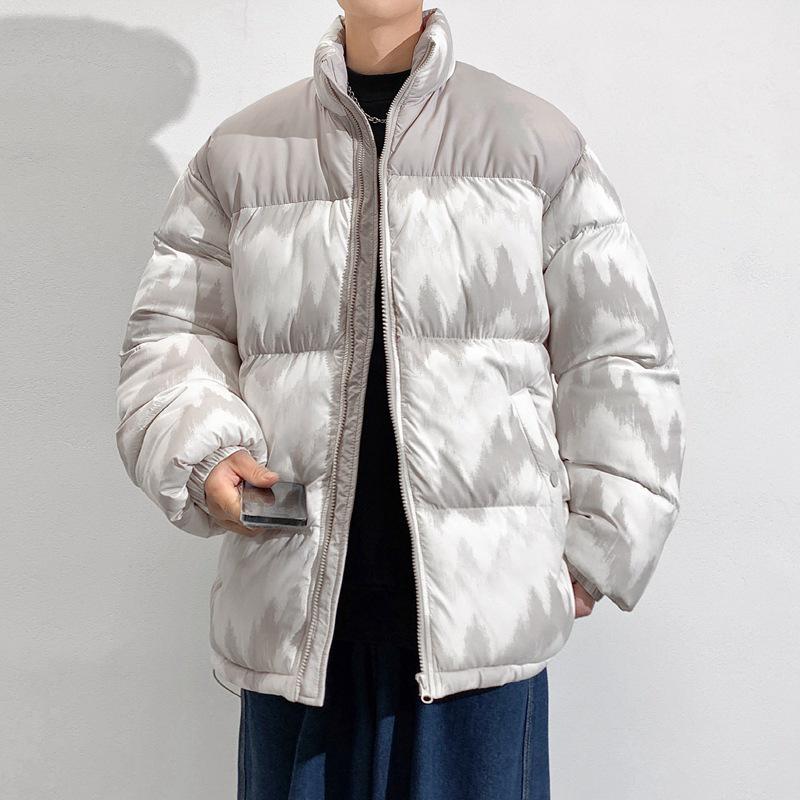 

Men s Winter 2025 Wave Pattern Color Block Thick Cotton Jacket with Velvet Lining 4XL брудно-білий