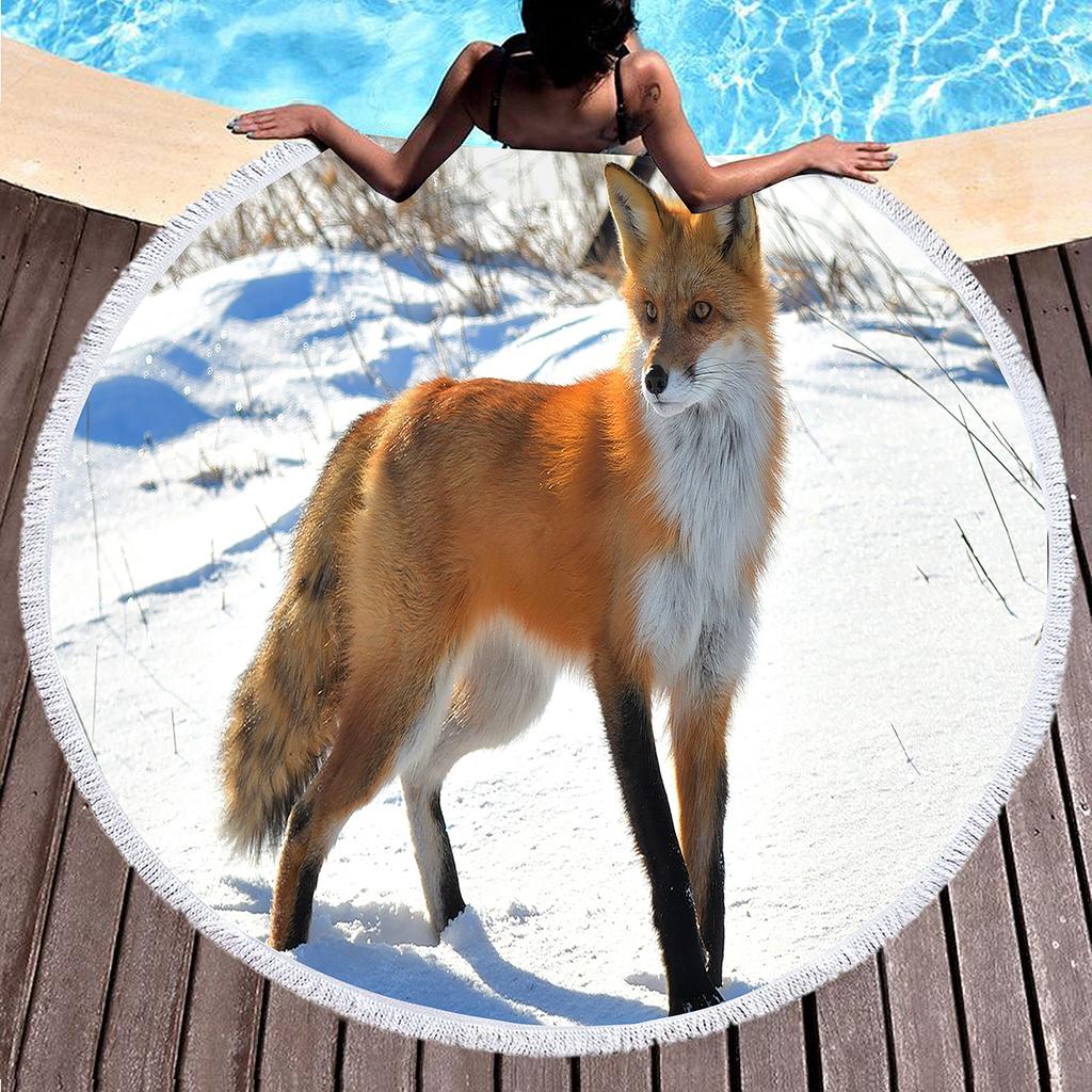 Kawaii Fox Round Beach Towel,Wild Animal Print Beach Blanket,Soft Woodland Animal Themed Rustic Fox Print Pool Towel Picnic Mat