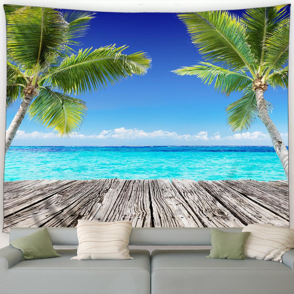 

Остров Тропические Растения Океан Природный Пейзаж Домашнее Украшение Гостиной Сад Настенный Кокосовая Пальма Пляжный Гобелен 150x150cm