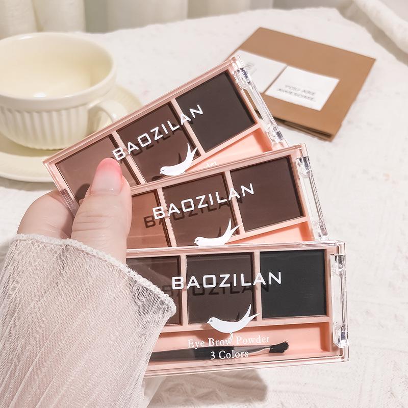 Baozhilan Tri-Color Eyebrow & Blush Palette with Brush - Natural Look, Nose Shadow, Highlight & Contour for Beginners, Easy Application.