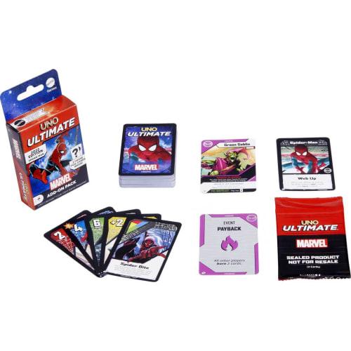 UNO Ultimate Marvel Card Game Add-On Pack with Spider-Man Character Deck & 2 Collectible Foil Cards, Collectible Gift for Kids, Ages 7+