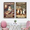 Cute Cat Cooking Poster Cooking In This Kitchen We Dance Poster Prints Funny Cat Animal Canvas Painting Home Kitchen Wall Art