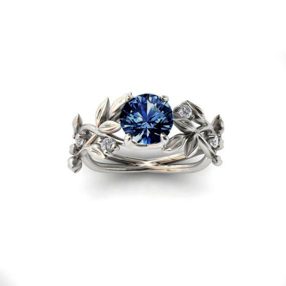 European Princess Olive Leaf Engagement Ring with Blue Zircon and Diamonds