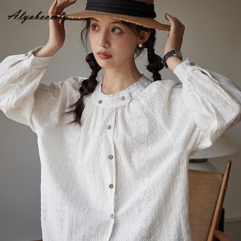 Japanese Mori Girl Spring Autumn White Blouse O Neck Loose Jacquard Cotton Shirt Lantern Sleeve All-Match Ladies' Blouse