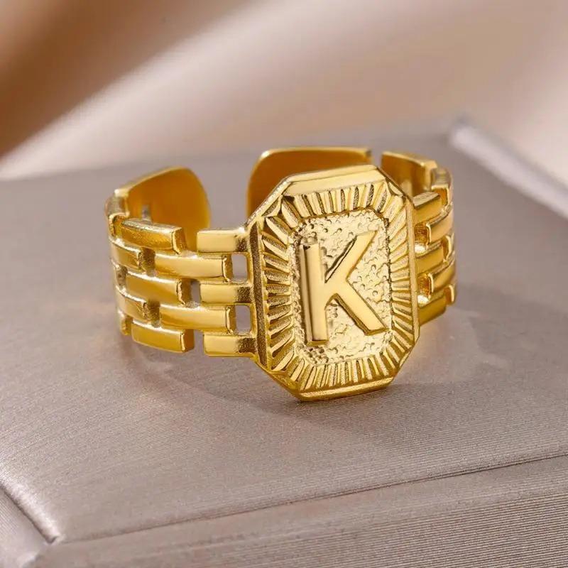 Titanium Steel Simple and Fashionable English Letter Ring Versatile Gold Chain Opening Adjustable Ring Women