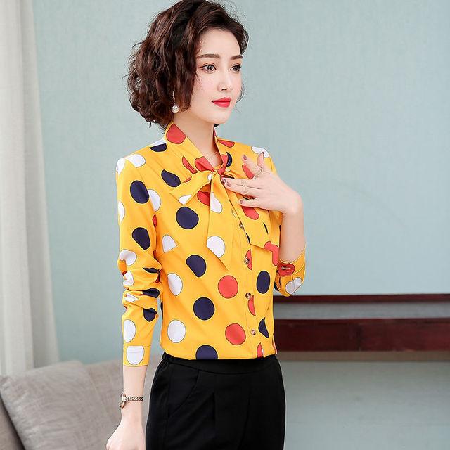 Bow Tie Tied Long Sleeved Top Korean Version Chiffon Shirt Women's Spring Autumn New Polka Dot Bottoming Blouse S-5XL