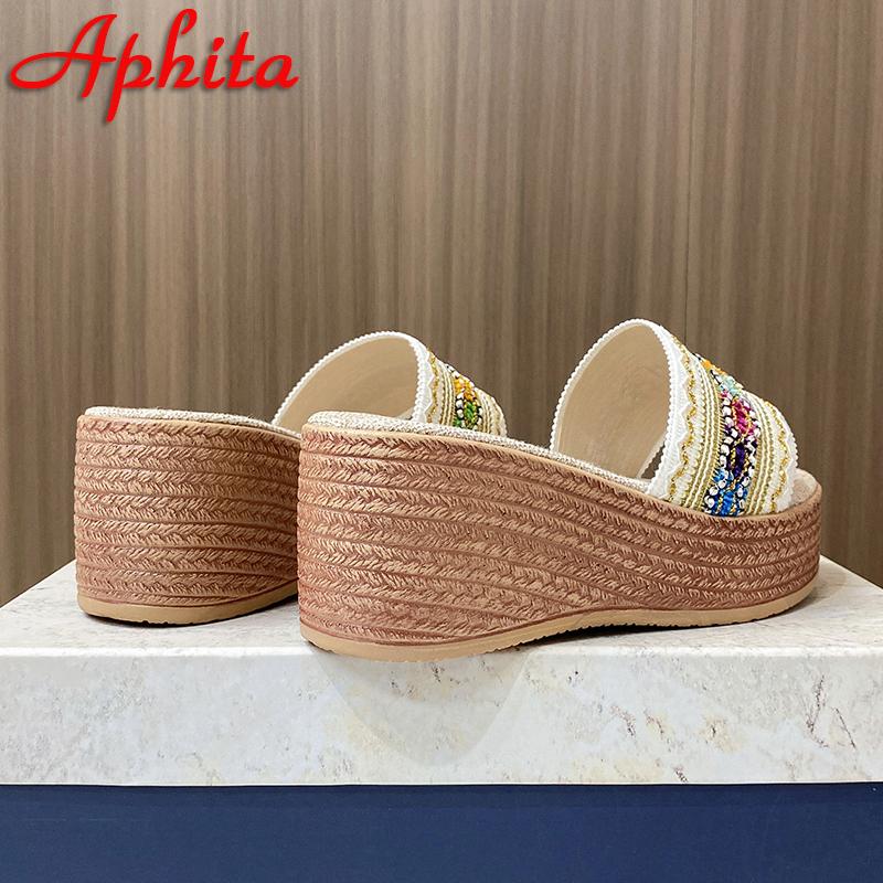Fashion Aphixta New Embroiber Stripted 7cm High Wedge Heels Platform Slides Women Retro Plus Size 43 Slippers Outdoor Sexy Beach Shoes