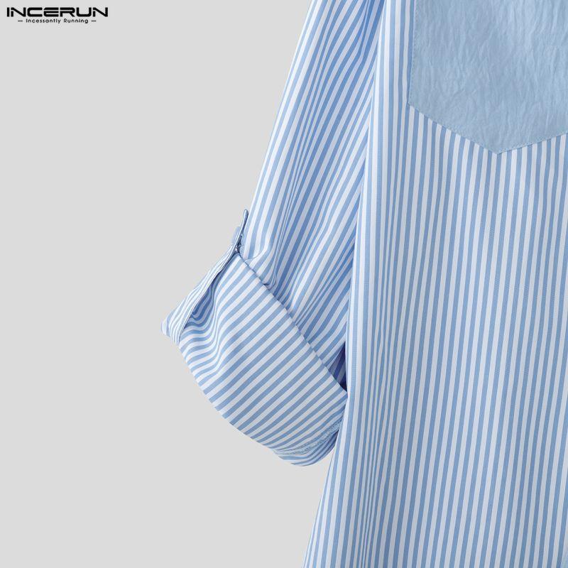 INCERUN Oversized Men Lapel Neck Long Sleeve Striped Patchwork Casual Shirts Tops 