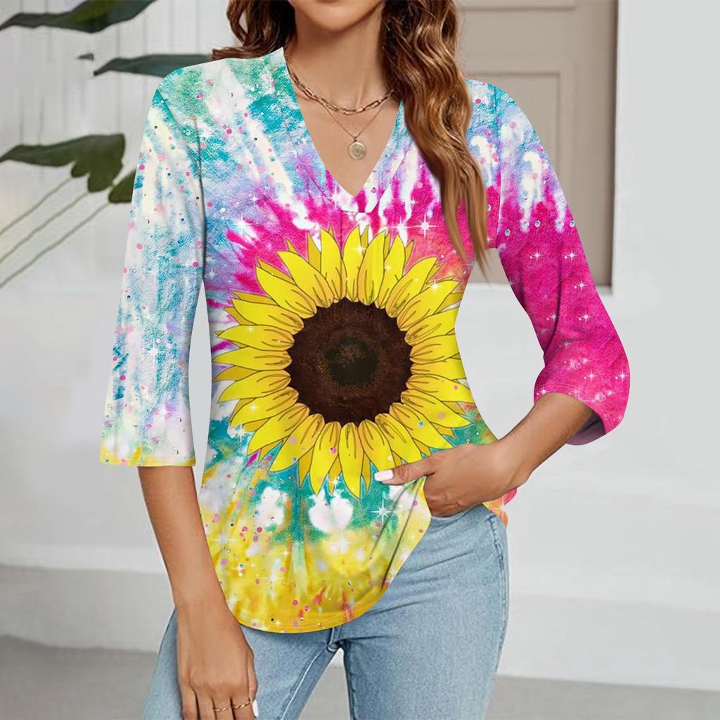 Moteoverdel for kvinner med V-hals og gradienttrykk, trekvart erme