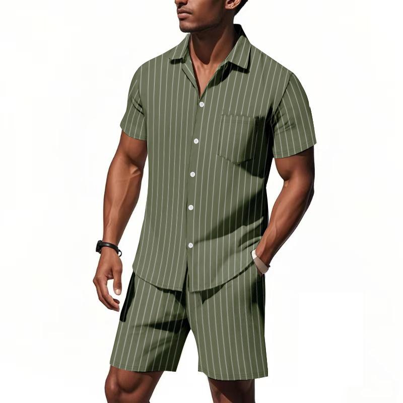 Summer Linen Suit Men's Striped Jacquard Loose Short Sleeve Shirt Beach Shorts Two-piece Set