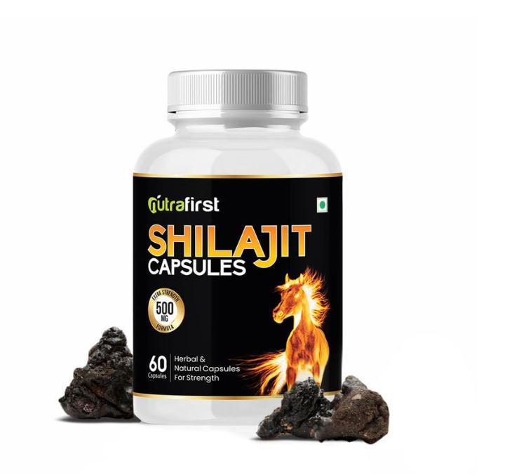 Kapsle s čistým ajurvédským extraktem Shilajit od Nutrafirst pro zvýšení hladiny testosteronu, vitality a výdrže pro muže 60 kapslí
