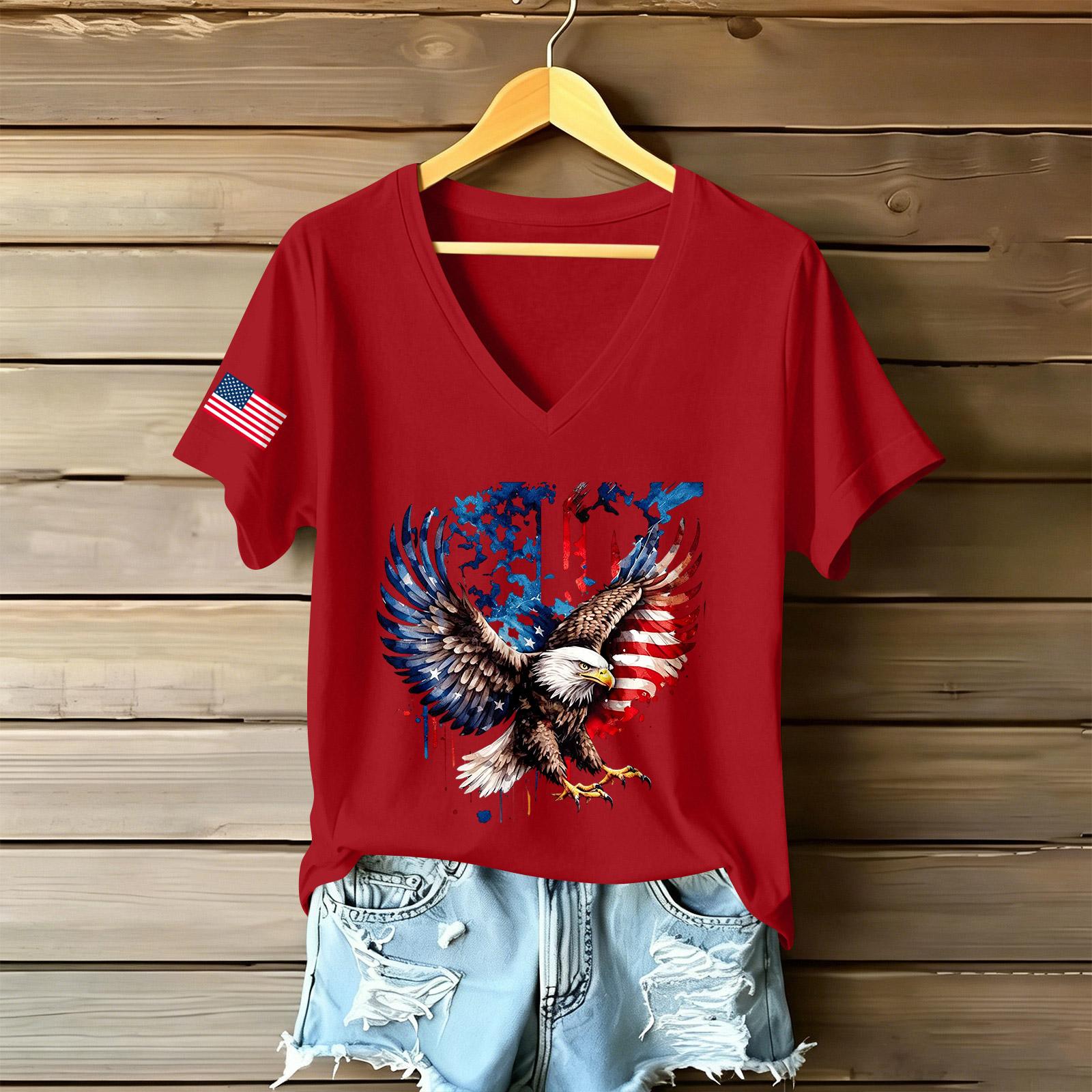 

Women s Fashionable V-Neck Casual Retro Print Short Sleeved T-shirt Top XXL червоний