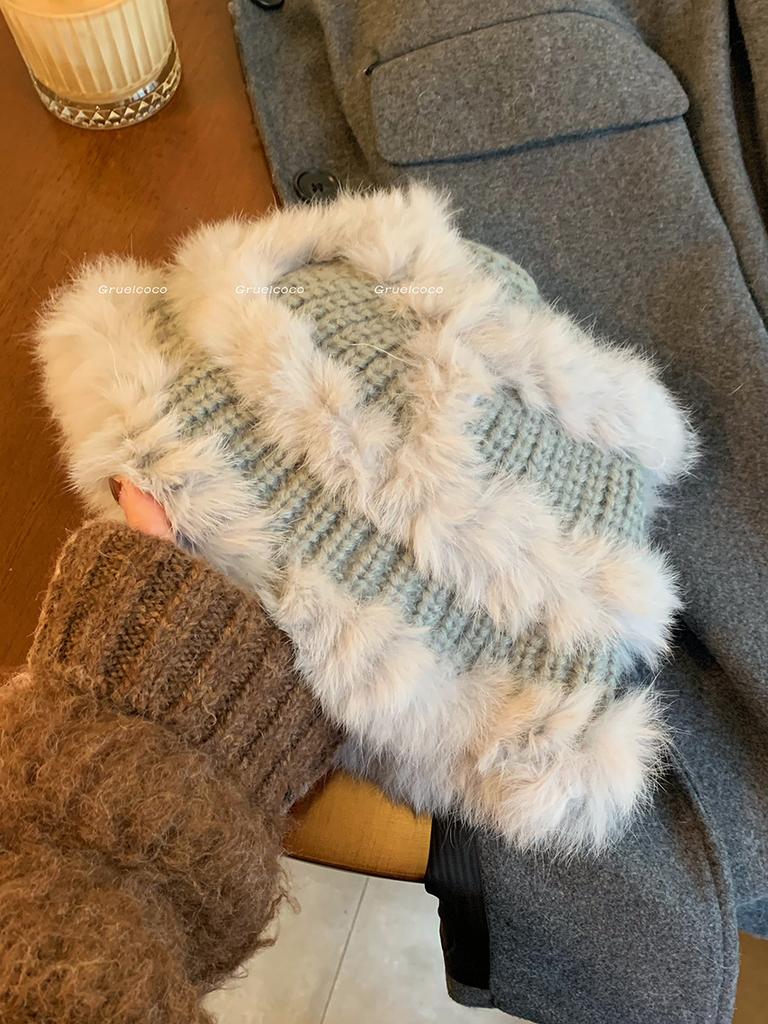 Rabbit Fur Knitted Plush Hat Women'S Autumn And Winter Furry Bucket Hat Big Head Circumference Showing Face Small Wool Hat