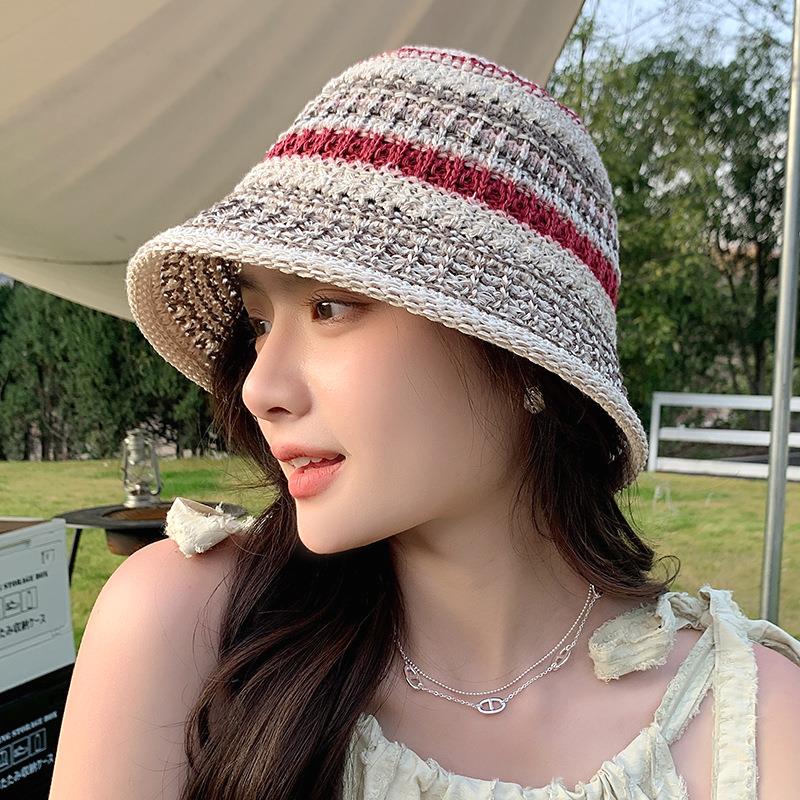 Women Vintage Weave Striped Color Matching Sweet Beach Versatile Sun Shade Casual Bucket Hat