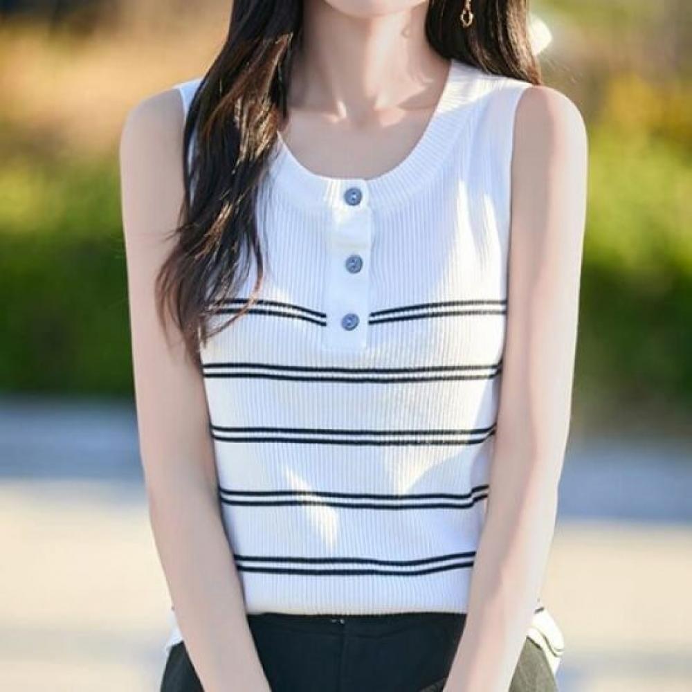 Navava Women Ribbed Sleeveless Knit With Stripe Point Nk2944
