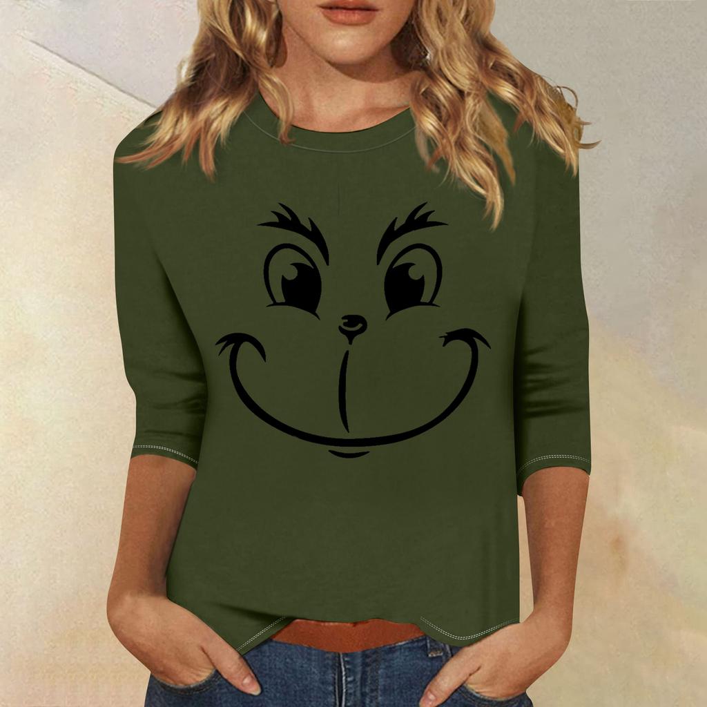 3/4 Sleeve Tops For Women T-Shirt Casual Christmas Print Tops T Shirt Round Neck Pullover Blouse
