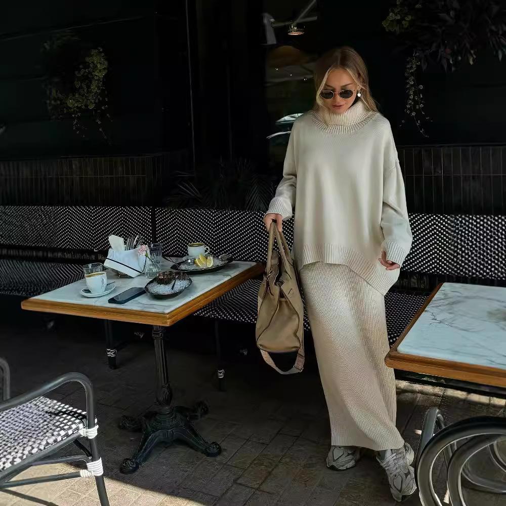 French knitted two-piece set, autumn/winter high neck, long sleeve, lazy drape sweater, straight-leg loose midi skirt for women