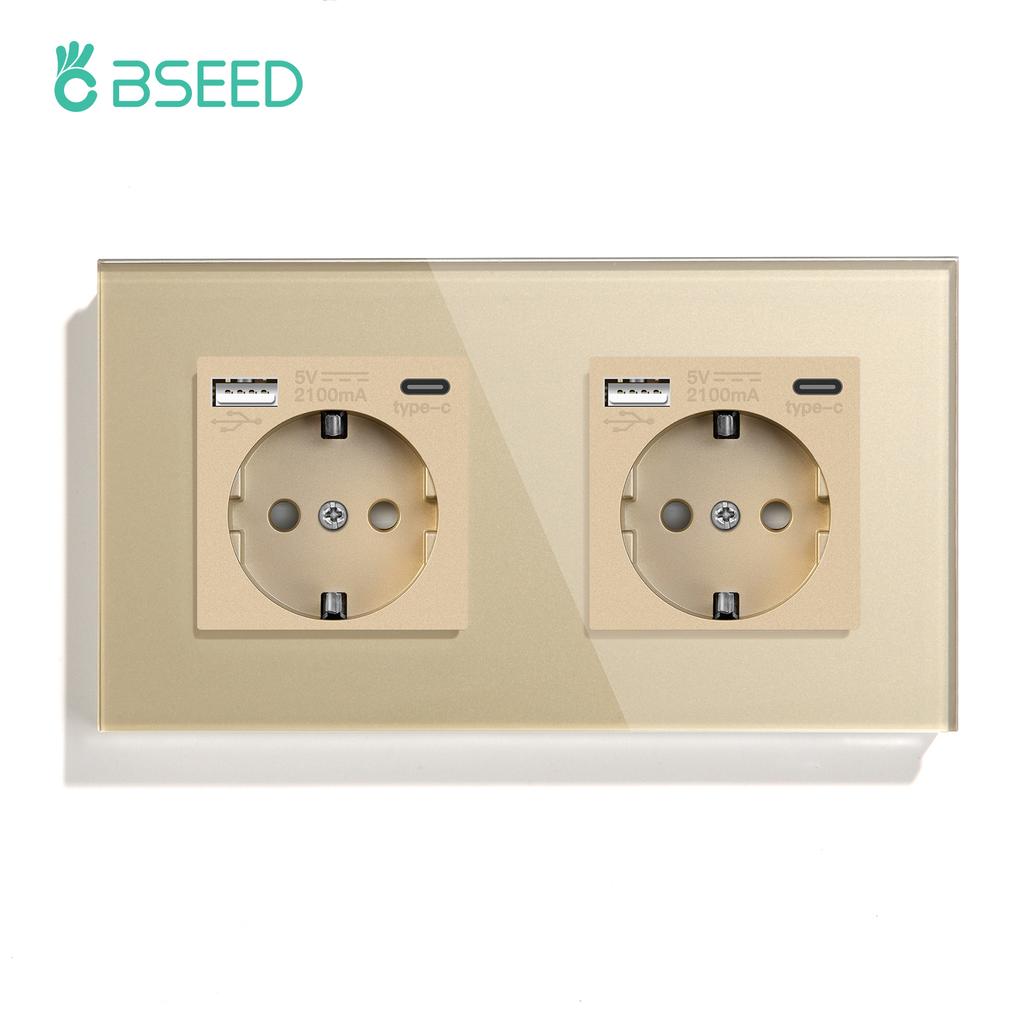 BSEED Double EU Wall Socket Type-c USB Power Sockets Android Apple Mobile Phone Charging Ports Glass Panel 16A