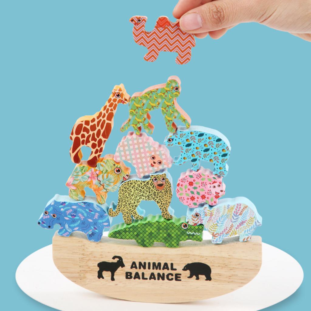 Animal Themed Balancing Building Block, Shape Matching Construction, Interactive Wooden Toy For Parents And Children.
