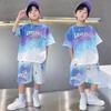 Summer Boys' Loose Casual Sets Teen Gradient T-shirts+Shorts 2Pcs Big Kids Sport Short Sleeve Clothes Suits Children Print Outfit