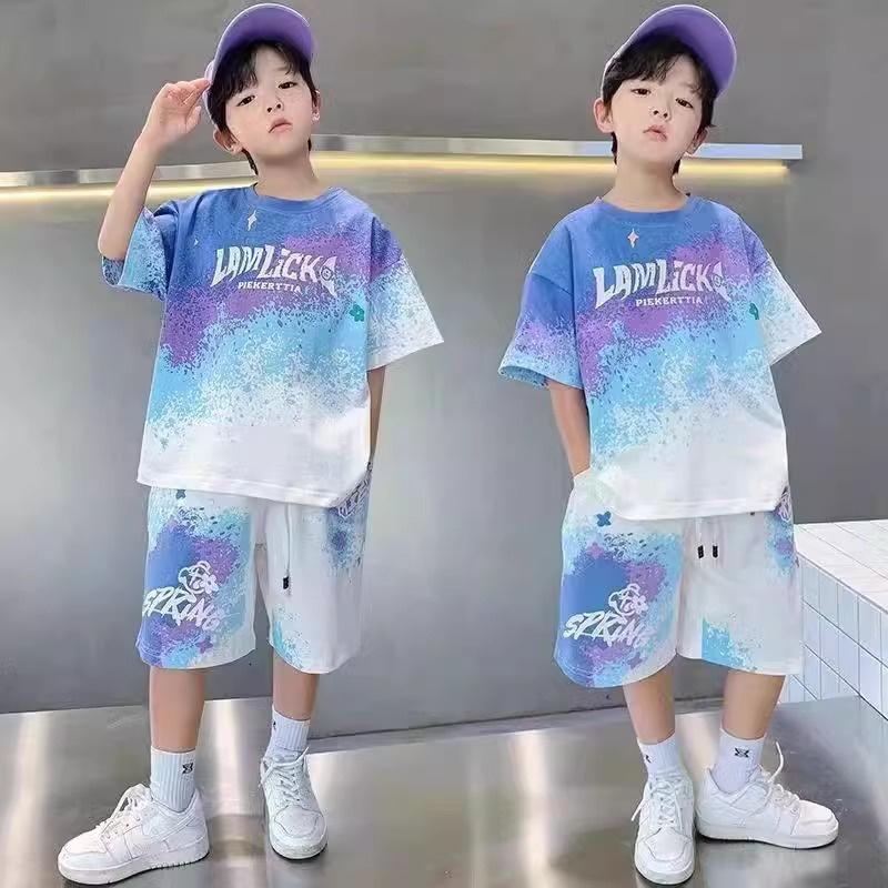 Summer Boys' Loose Casual Sets Teen Gradient T-shirts+Shorts 2Pcs Big Kids Sport Short Sleeve Clothes Suits Children Print Outfit