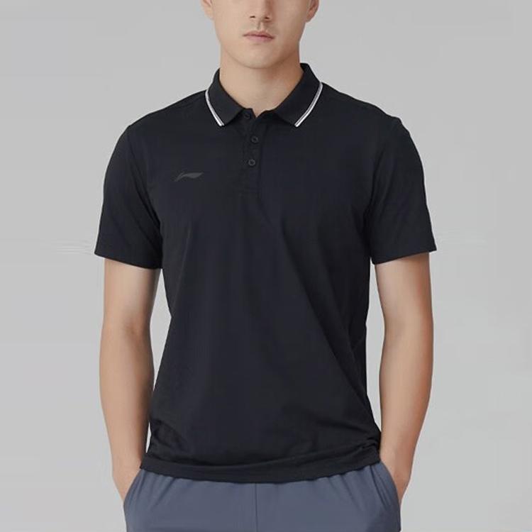 Li Ning Plain Color Polo Shirt Men Tops Black APLT079-4