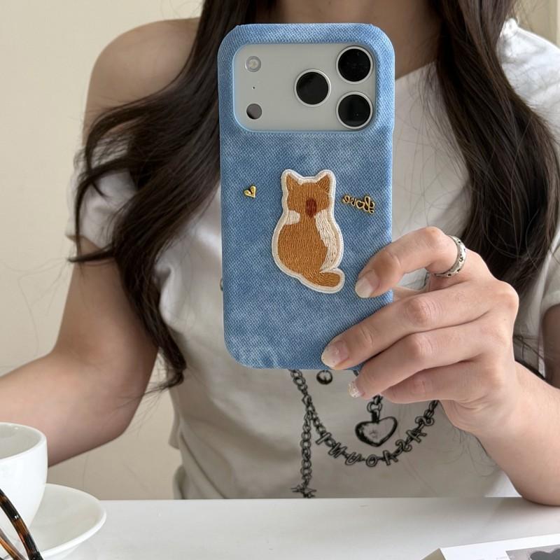 Embroidered Cat Denim Fabric Phone Case IPhone 17 Pro Max 16 15 13 Protective Cover Soft Stitched Design