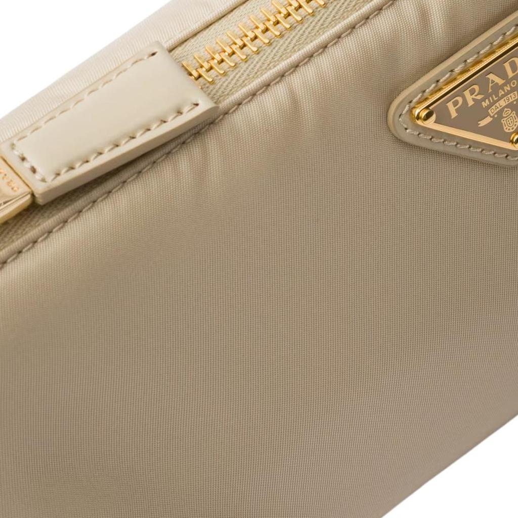 Prada Re-Nylon 2002 Enamel Metal Triangle Logo Zipper Closure Recycled Nylon And Glossy Leather Tote Shoulder Bag Women Bags Beige 1BC201_R789_F0F24