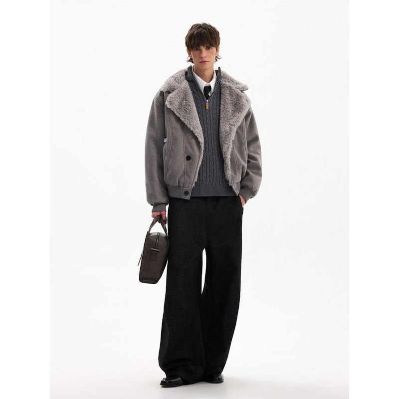 Blaexit Retro Faux Rabbit Fur Collar Mountain Carving Jacket Men's Thickened Winter Cotton Coat Textured Suede Jacket